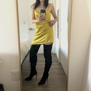 Black satin thigh high boots